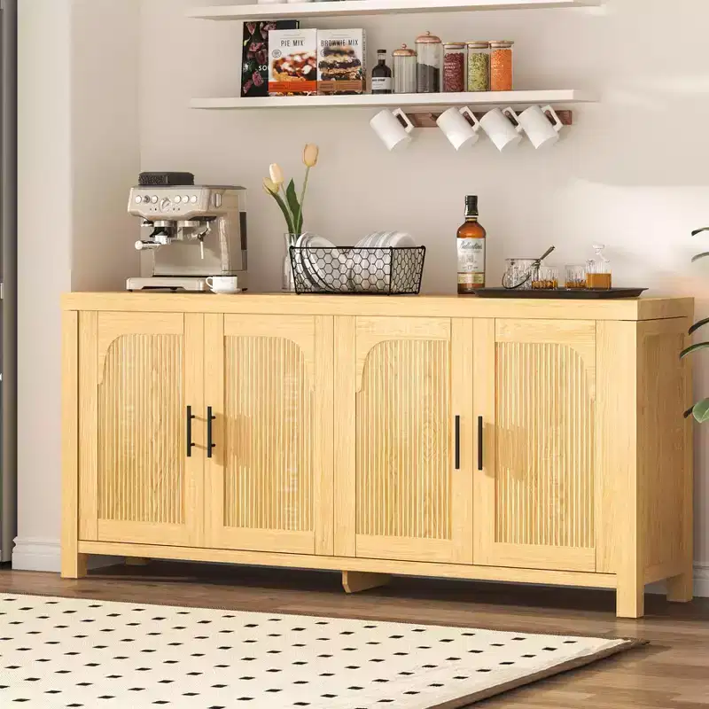 71 Inch Farmhouse Sideboard Buffet Cabinet with 4 Doors Adjustable Shelves Light Oak