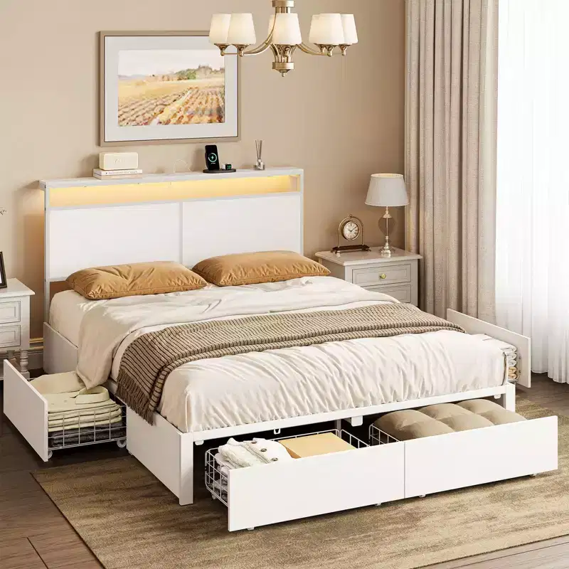 Modern Bed Frame with 4 Storage Drawers, LED Headboard and Charging Station