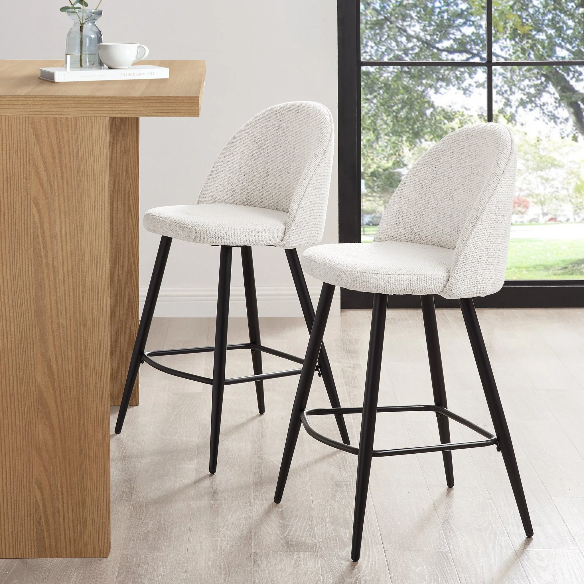 Modern Ivory Boucle Barstool with Black Metal Legs for Kitchen