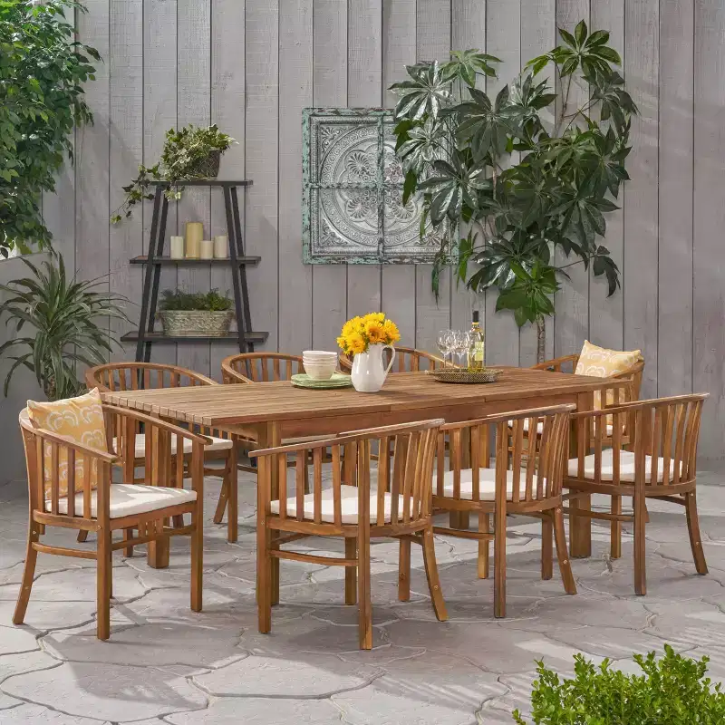 Christopher Knight Home Alondra Outdoor Acacia Wood Expandable 9 Piece Dining Set with Cushion, Teak/Cream