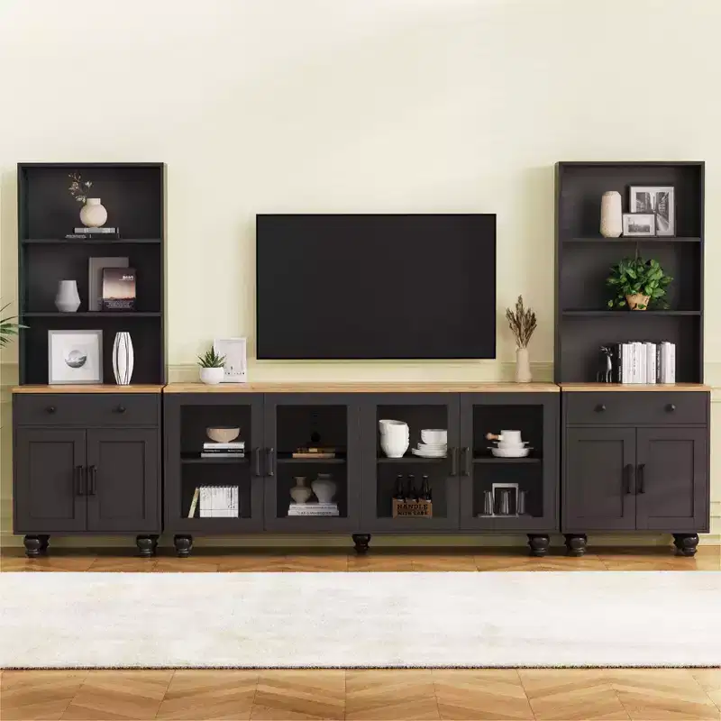 Farmhouse TV Wall Unit for 70 TV, Entertainment Center with Bookshelves, Textured Glass Doors, Gourd Legs