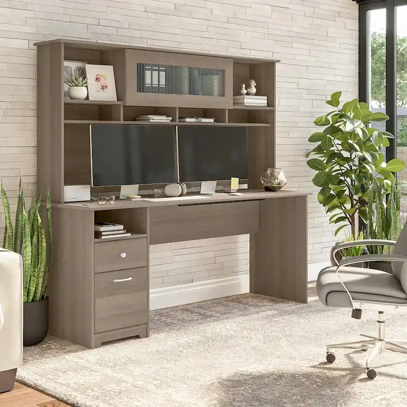 72W Computer Desk with Hutch and Drawers by