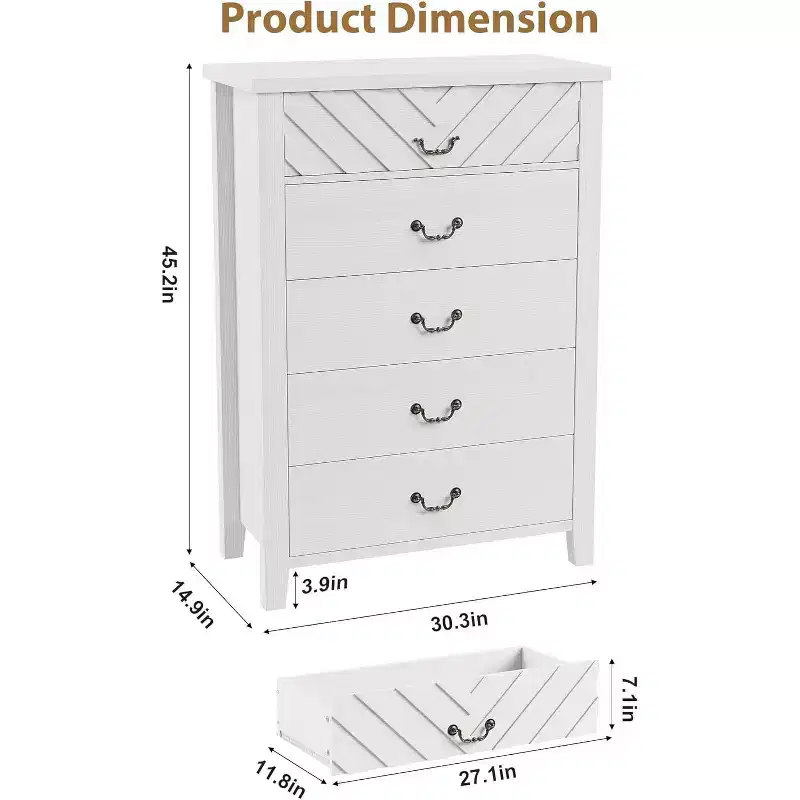 Farmhouse 5 Dresser for Bedroom, 45.2 Tall Dresser, Vertical Drawer with Storage Freestanding, Wooden Closet Storage Chest for Bedroom