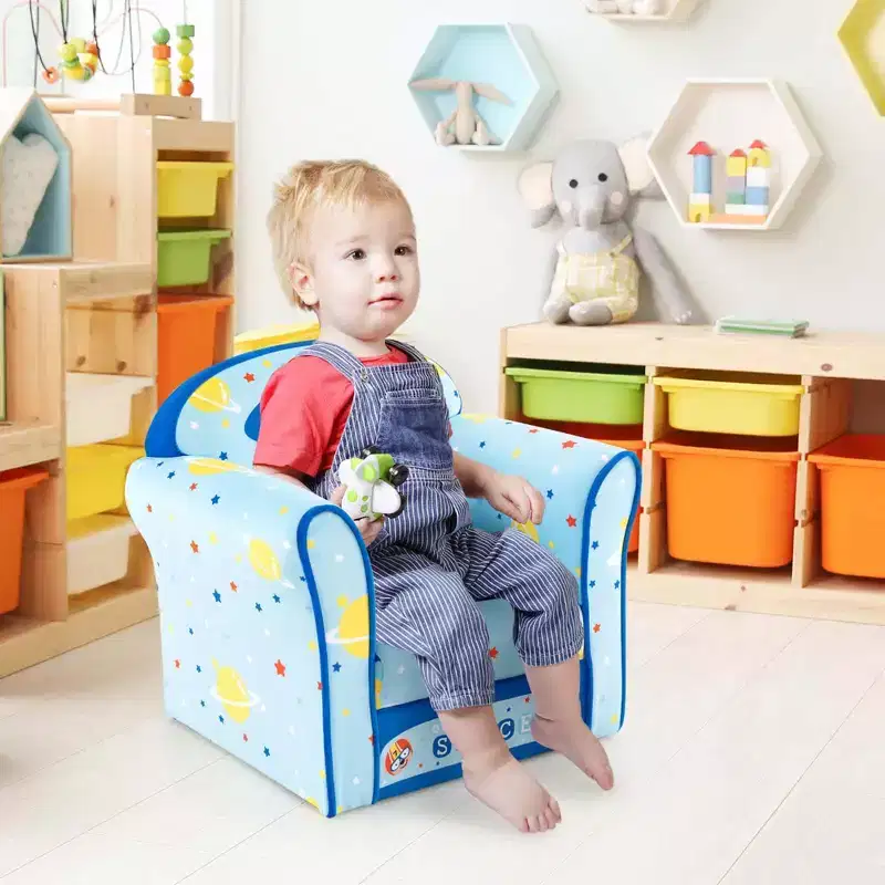 Kids' Sofa Chair – Toddler Upholstered Armchair, Wooden Frame, Blue