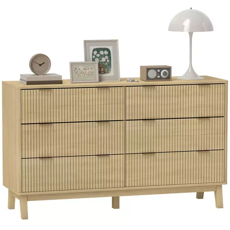 HOMCOM Fluted Dresser for Bedroom with 6 Drawers, 54 Wide Chest of Drawers with Gold Finger Pulls and 5 Wood Legs