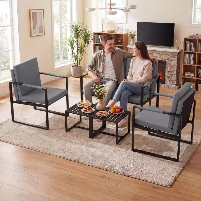 Modern 2-Seater Loveseat Sofa with Solid Metal Frame & Removable Back Cushions, Brown/Gray + Black