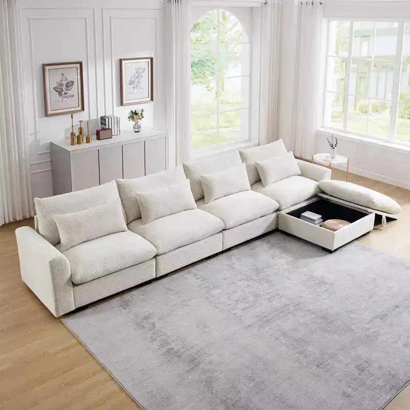 Christopher Knight Home Nelly Large L-Shaped Corduroy 157.5 Sectional Sofa with Storage Ottoman and 4 Waist Pillows