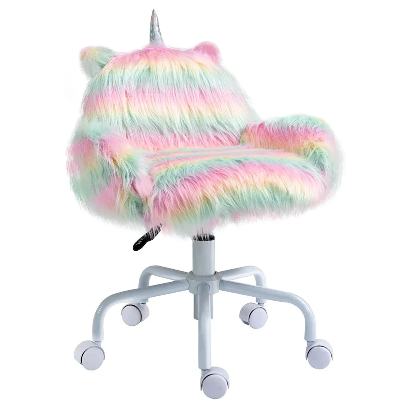 HOMCOM Fluffy Unicorn Office Chair with Mid-Back and Armrest Support, 5 Star Swivel Wheel White Base, Rainbow - Multi-colored