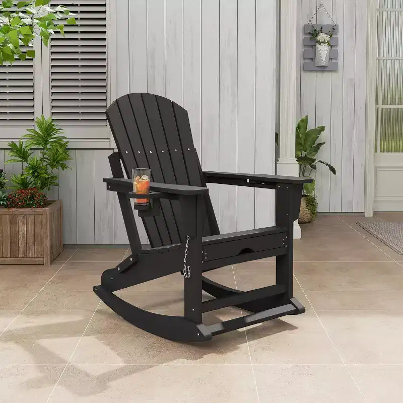 Acekool 4-in-1 Folding Adirondack Rocking Chair with Retractable Ottoman and Dual Cup Holders, HDPE Outdoor Rocker Set