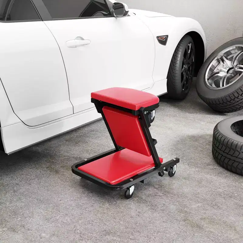 Rolling Folding Z Creeper Seat with 6 Swivel Casters, Heavy Duty Metal Frame Black + Red/Black
