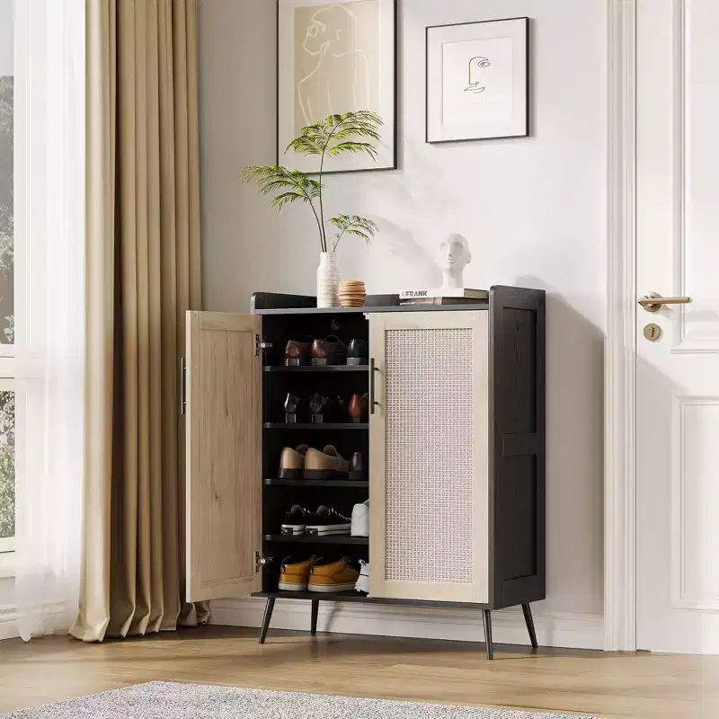 Rattan Shoe Cabinet, 5-Tier Shoe Storage Organizer Cabinet with Adjustable Shelf for Entryway, Freestanding Shoe Rack for Living Room, Entryway