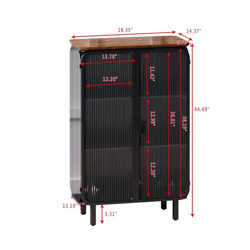 Modern Two-Door Cabinet with Glass Doors Featuring Three-Tier Storage 28.35 Unique Fir Cabinet Top for Entryway Home Black