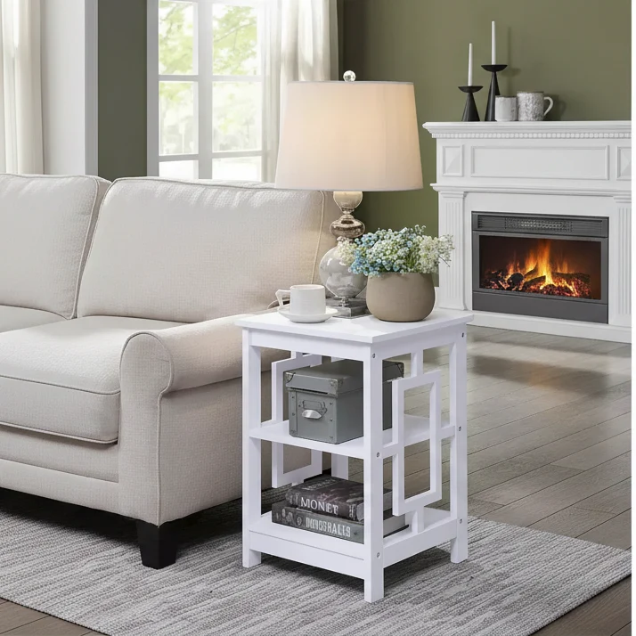 Square End Table with Large Surface and Two Open Shelves, Symmetrical Frame Design, MDF Accent Side Table