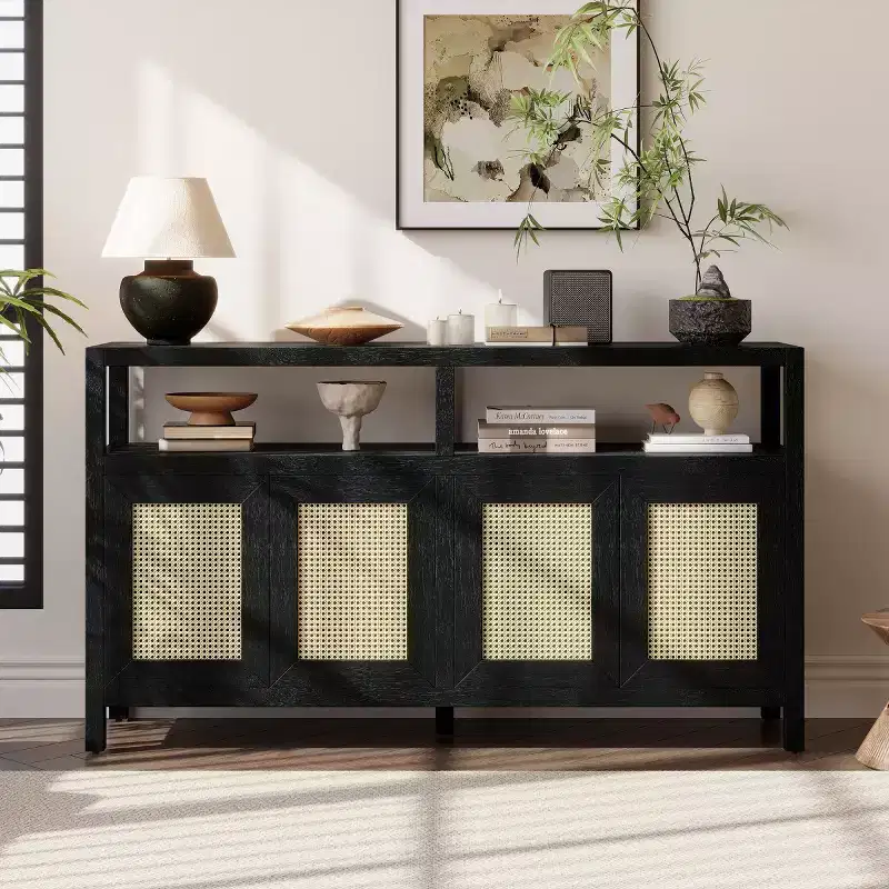 Boho Rattan Sideboard Buffet Cabinet, Solid Wood Frame Accent Storage Cabinet with Push-to-Open Doors and Adjustable Shelf - Panipeachy