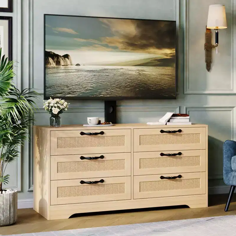 Wood & Rattan TV Stand with Mount 6-Drawer 47.2''W x 43.8''H x 15.7''D