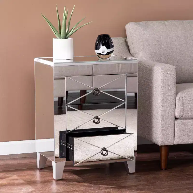 Mirrored End Table with Drawers - Silver