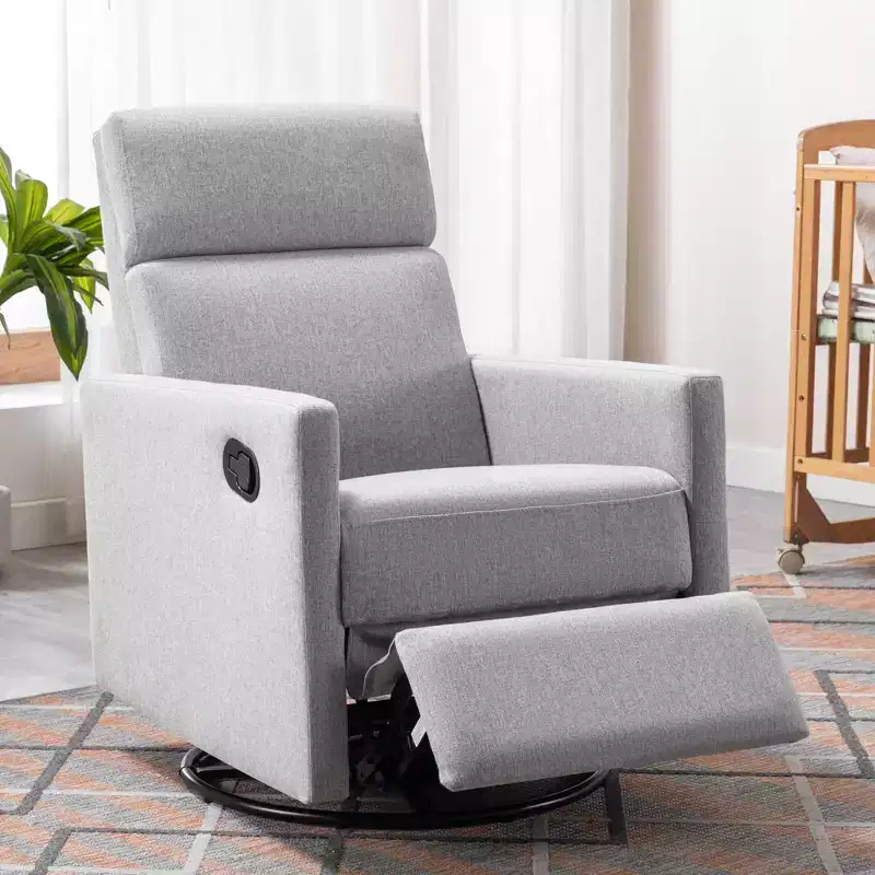 Modern Upholstered Rocker Nursery Chair, 360° Swivel Glider with Adjustable Recline 95°-160°, Linen, Gray