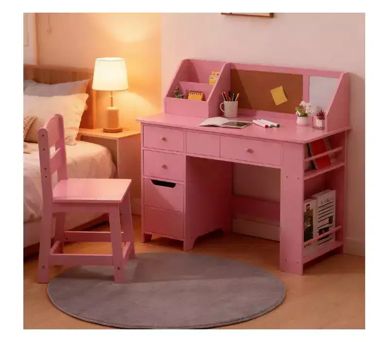 Kids Desk & Chair Set with Storage Hutch & Bulletin Board, Wooden Study Table for Bedroom & Learning Room