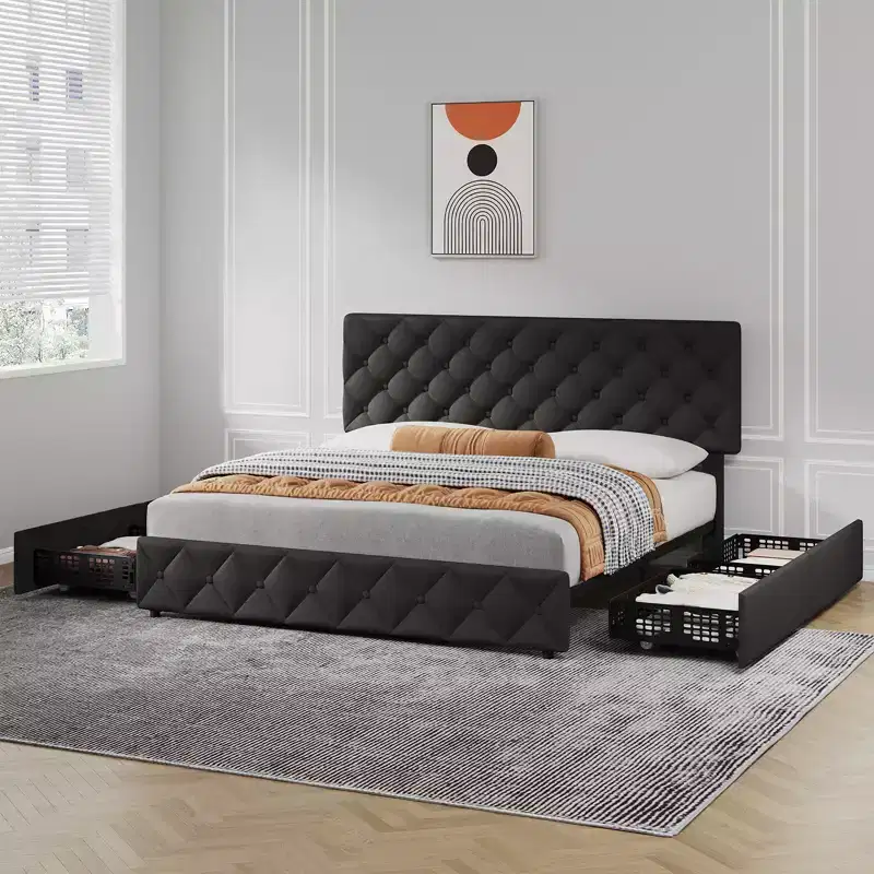 Faux Leather Platform Bed Frame with 4 Storage Drawers, Adjustable Headboard, No Box Spring Needed, Queen Size (Blue)
