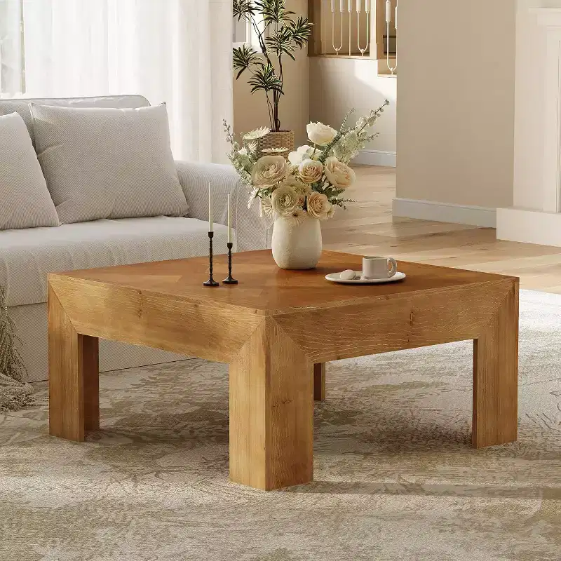 39.4 Solid Wood Coffee Table with Intricate Inlaid Top & Sturdy Legs, Rustic Center Tables for Living Room, Easy Assembly, Brown