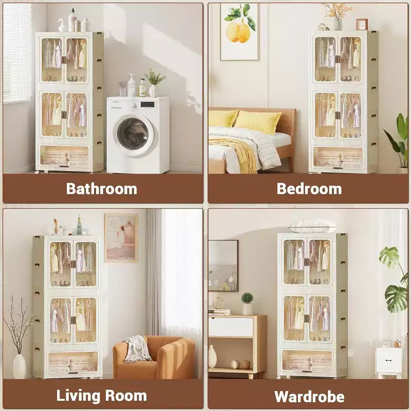 Collapsible Closet Organizer with Wheels, Portable Wardrobe with Magnetic Doors, Large Capacity Bedroom Cabinet
