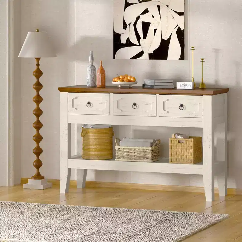 47 Console Table with Drawers, Farmhouse Rustic Entryway Table with Bottom Shelf and Solid Wood Legs
