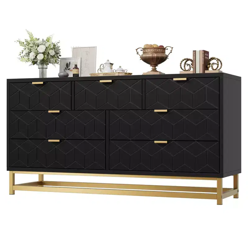 Bedroom Storage Cabinet, 53.5 Inch Wide Dresser Organizer, 7 Drawers, Gold Metal Handles and Legs for Closets, Hallways, Living Rooms, Entryways