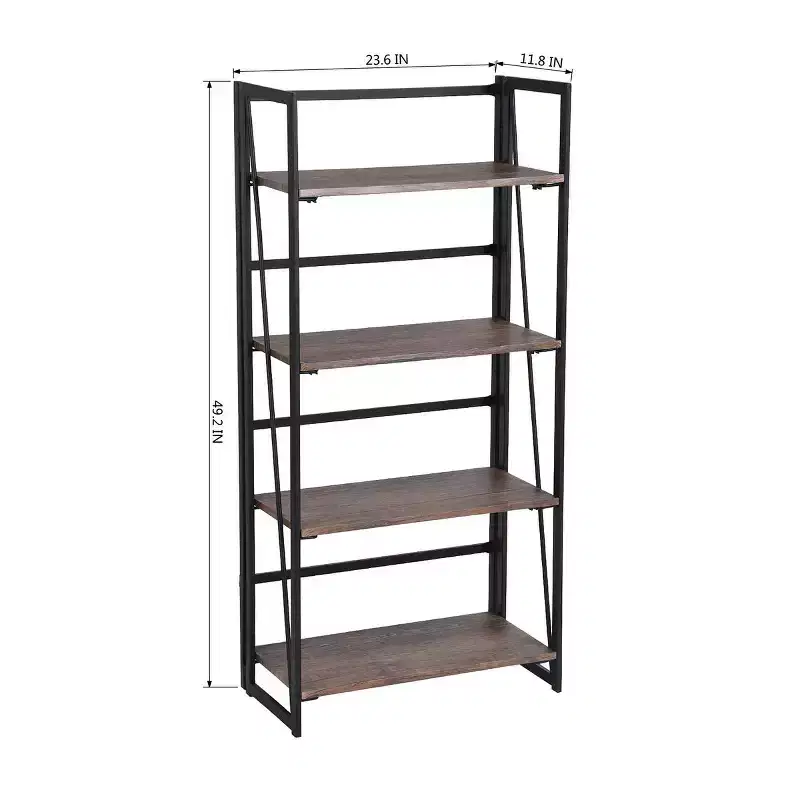 FurnitureR Folding 4-Tier Bookshelf Storage Rack, Metal Bookcase with Rustic Wood Shelves, Foldable Home Organizer for Living Room, Office, Brown