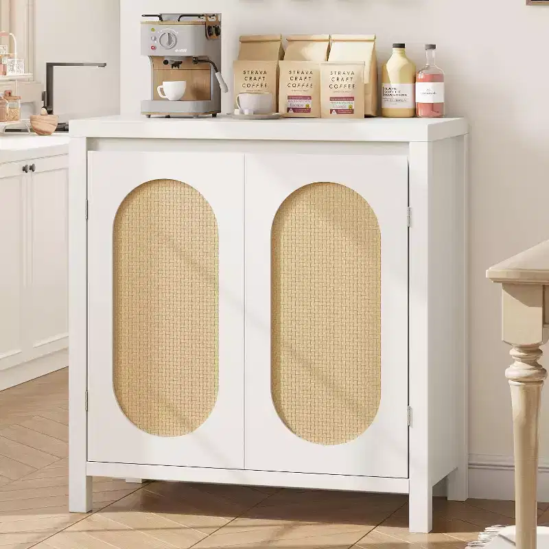 Wood Color Storage Cabinet Sideboard Buffet with Rattan Doors & Adjustable Shelf, Accent Cabinet for Living Room
