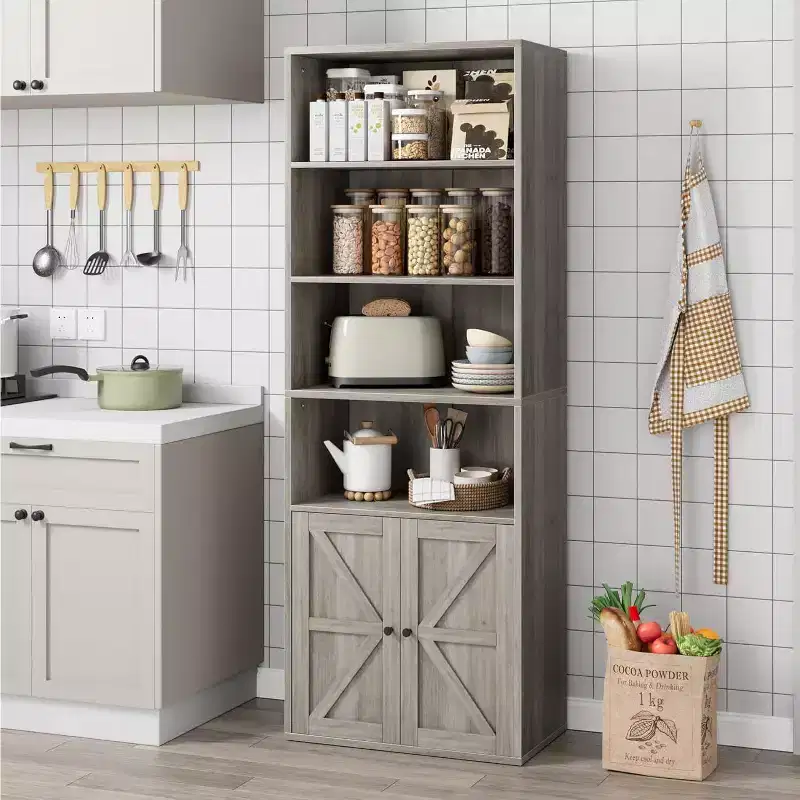 Acekool Farmhouse Bookcase with Doors, 6-Shelf 71.4 Tall Display & Storage Cabinet, Rustic Grey, 2-Pack