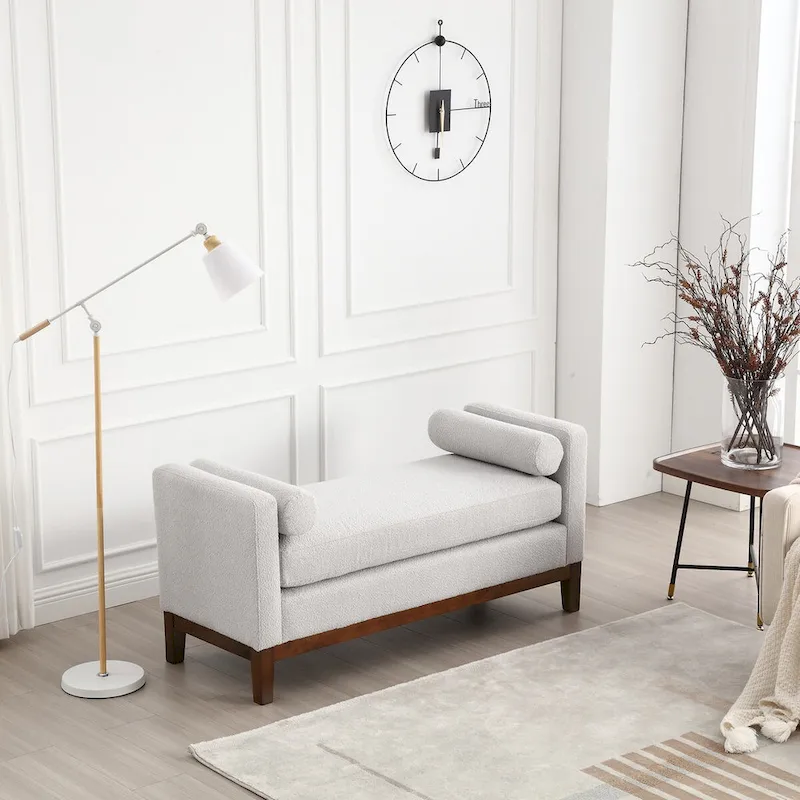 53.5W Elegant Boucle Upholstered Bench, Ottoman with Wood Legs & Bolster Pillows
