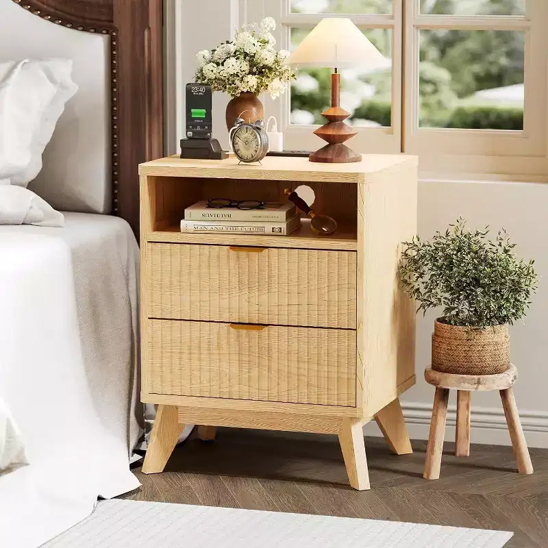 Modern Wave Fluted Nightstand with Charging Station, 2-Drawer End Table with Open Shelf, Bedside Table for Bedroom or Living Room, Stylish Storage
