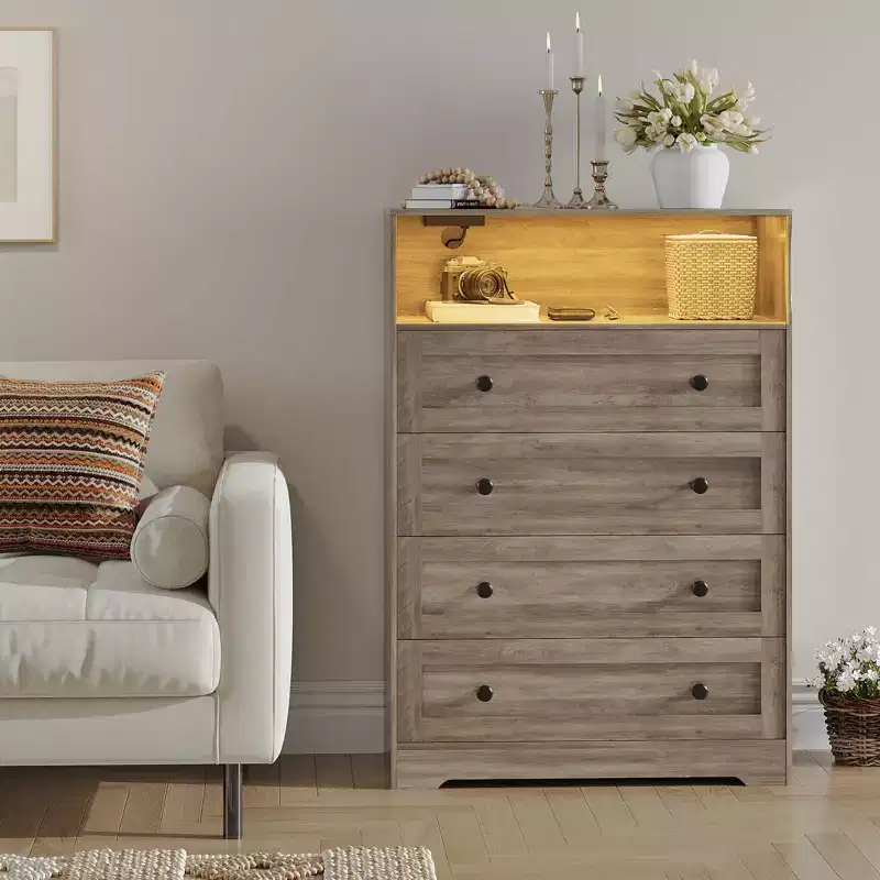 4-Drawer Dresser with Charging Station & LED Light, Skinny Vertical Chest with Open Shelf, Bedroom Dresser for Closet, Nursery, Apartments