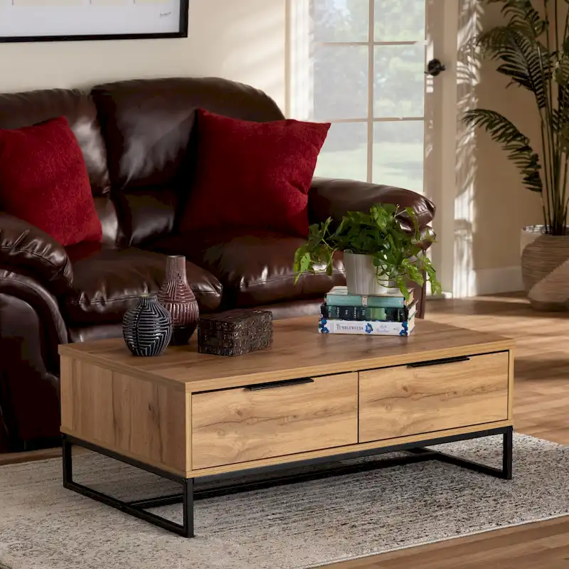 Oak & Black Modern Coffee Table with 2 Drawers and Open Shelf