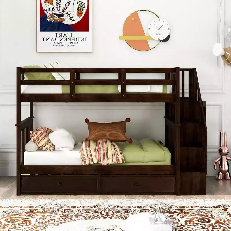 Twin-Over-Twin Bunk Bed with Trundle and Stairway, Maximized Storage Space