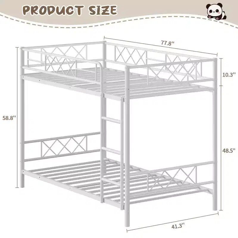 Bunk Bed Twin Over Twin with Extra High Guardrail, Heavy Duty Metal Frame & Sturdy Slats, No Box Spring Needed