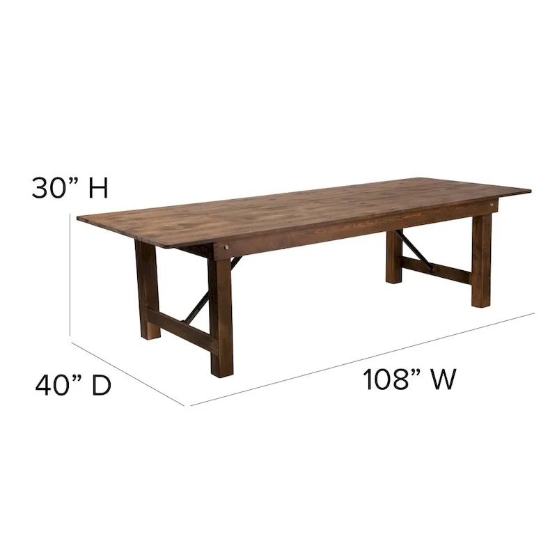 9' x 40 Rustic Folding Farm Table Set with 10 Cross Back Chairs and Cushions