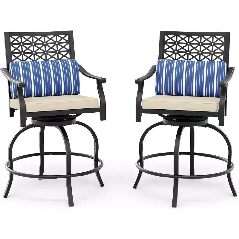 Acekool 2-Pack Outdoor Swivel Bar Stools with Cushions, 360 Rotating Counter Height Patio Chairs with Armrest & Backrest