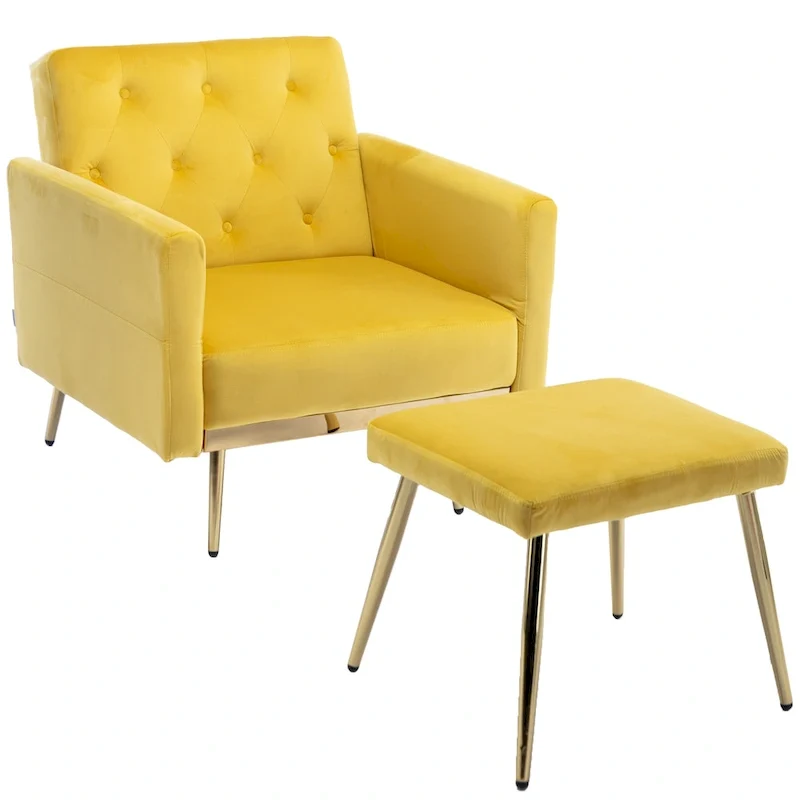HOMEFUN Velvet Tufted Adjustable Armrests and Backrest Armchair with Ottoman