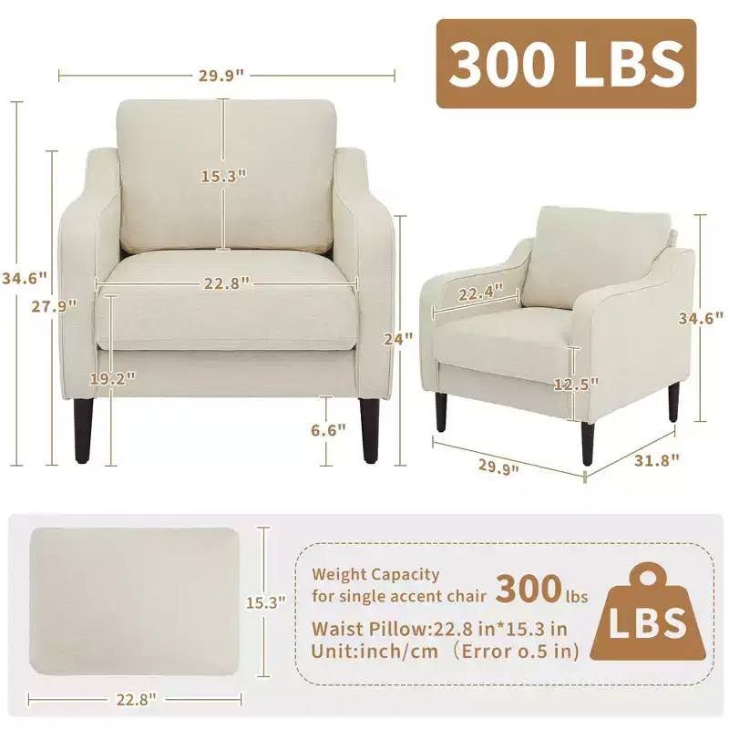 GustoWave Mid-Century Single Sofa Armchair, Modern Linen Fabric Armchair, Comfy Accent Chairs with Scooped Arms, Reading Chair High Back