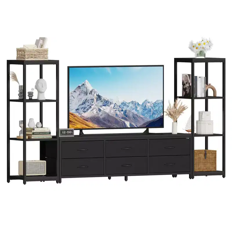 Modern Industrial Dresser TV Stand for 75 Inch TV - 6 Fabric Drawers - 4-Tier Storage Shelves - Large Media Console Cabinet