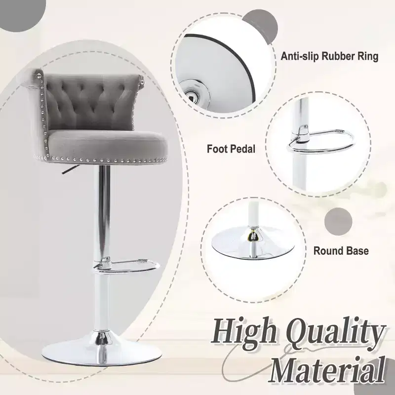 Okak Velvet Bar Stools Set of 2, Adjustable Swivel Barstools with Silver Plated Metal Leg, Chrome Nailhead, Counter Height Chairs for Kitchen