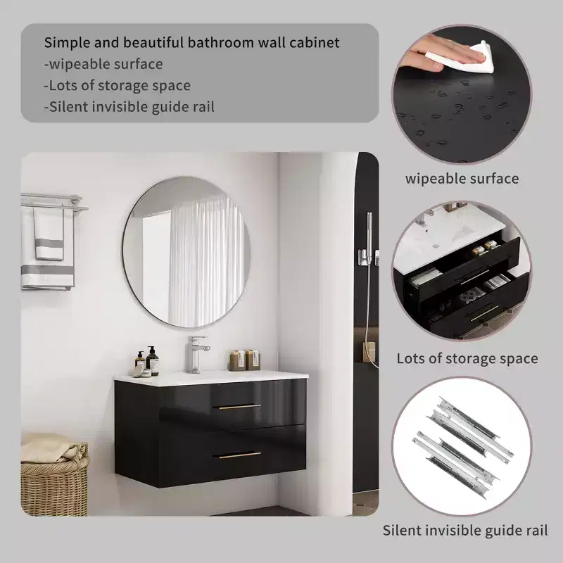 Bathroom Vanity Wall-Mounted with Sink, Double Drawers, Ceramic Sink, Long Metal Handle, Easy to Install