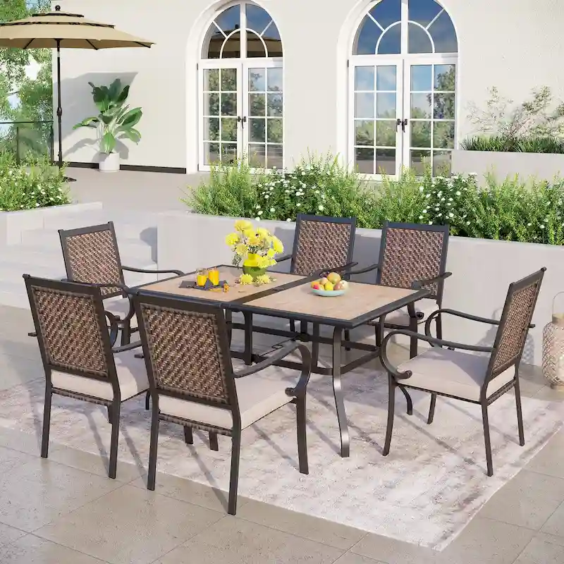 MAISON ARTS 7-piece Patio Dining Set, 6 Rattan Chairs with Cushion and 1 Table with Umbrella Hole - N/A