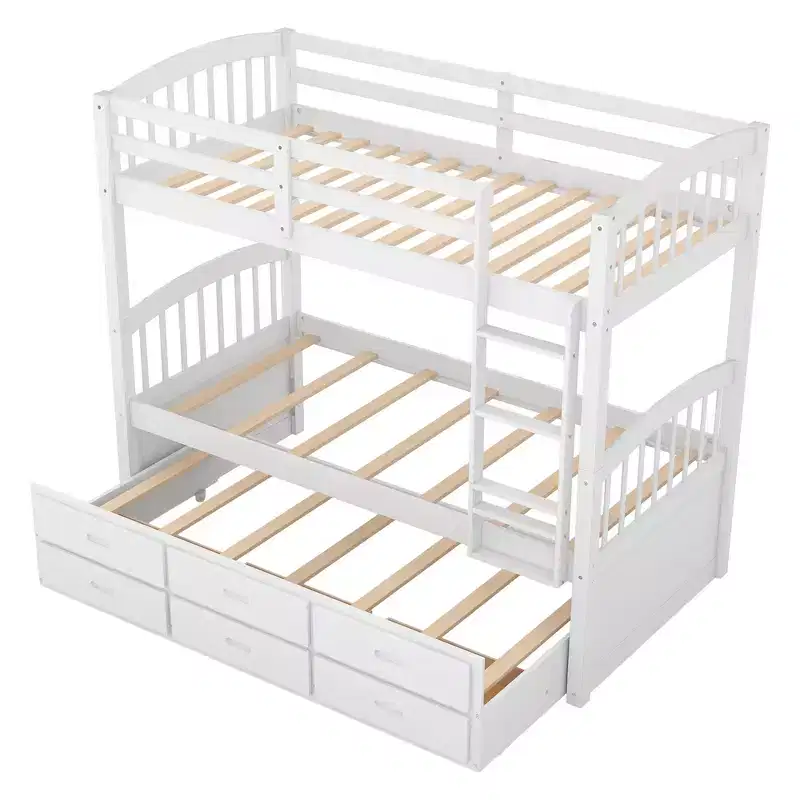 Wood Twin over Twin Bunk Bed with Ladder, Trundle & Drawers