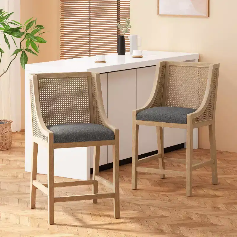 Christopher Knight Home 25.5" Cataldo Wood and Cane Upholstered Counter Height Barstool Charcoal/Natural