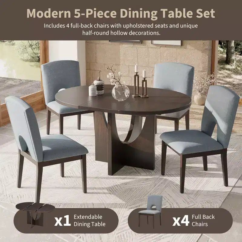 5 Pieces Extendable Round Dining Table Set for 4, Modern Kitchen Dining Table with Removable Leaf and 4 Upholstered Chairs for Dining Room