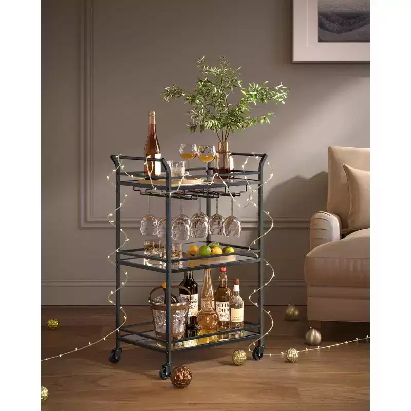 Bar Cart, Home Bar Serving Cart, Small Bar Cart with 3-Tier Shelf, Wine Holders, Glass Holders, Bar Cart, 15 x 23.6 x 36.2 Inches