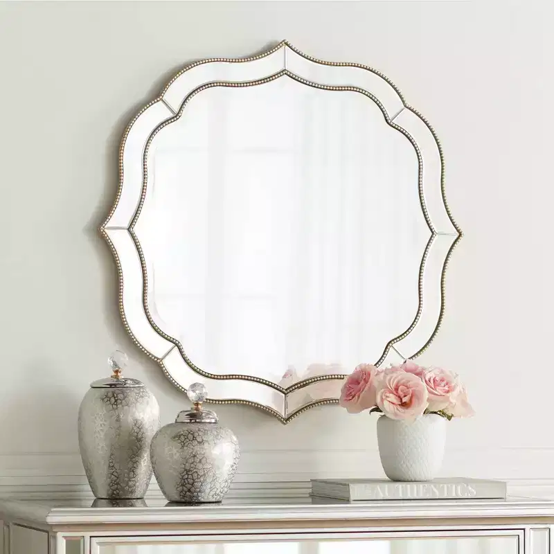 Noble Park Laureen Scalloped Round Vanity Wall Mirror Modern Beveled Glass Champagne Gold Beaded Frame 32 Wide for Bathroom Living Room Home Entryway