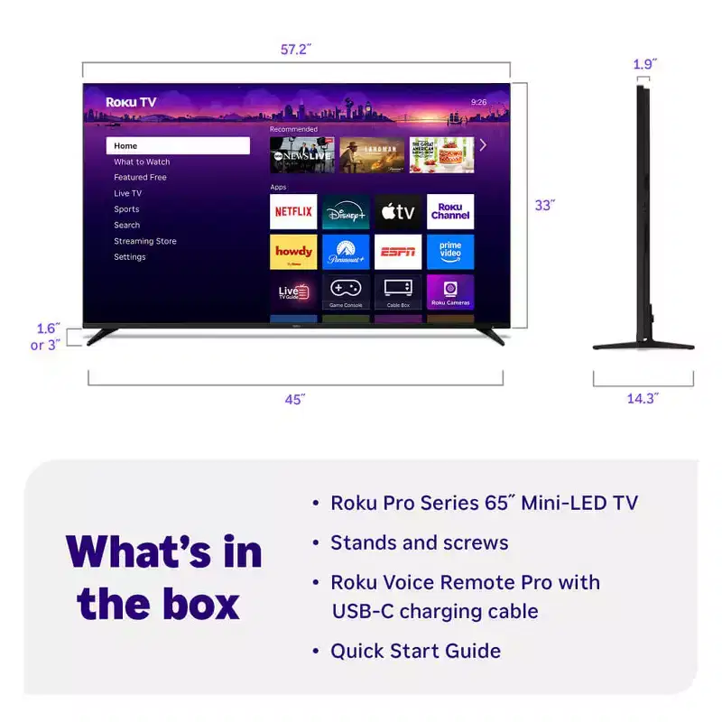Roku 65R8C5 65 inch Class Pro Series 4K QLED Mini-LED Smart TV